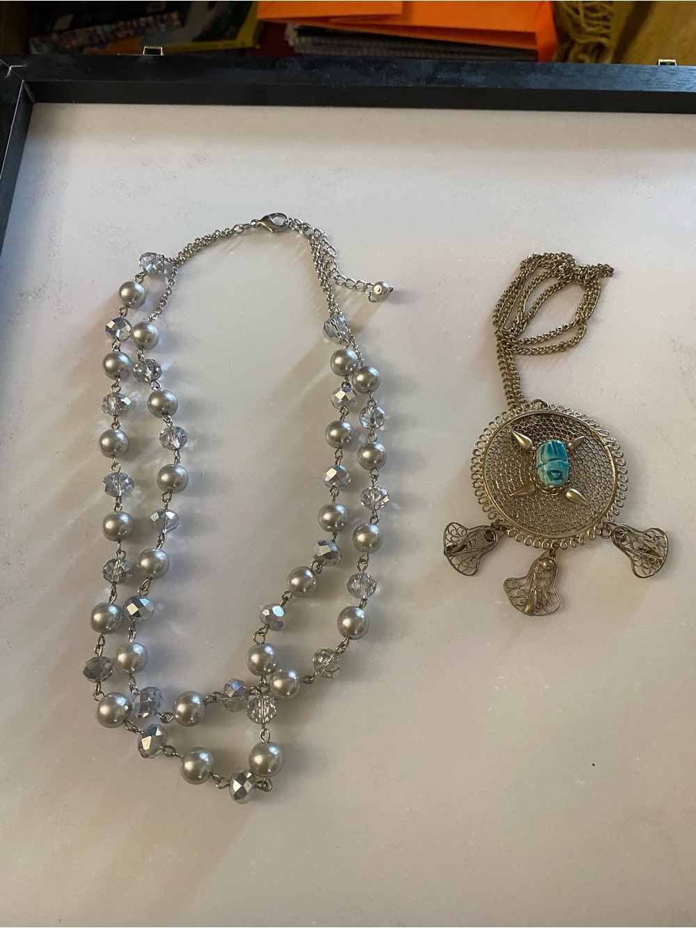 Silver Pearl and Crystal Double Strand Necklace & Silver tone with Turquoise